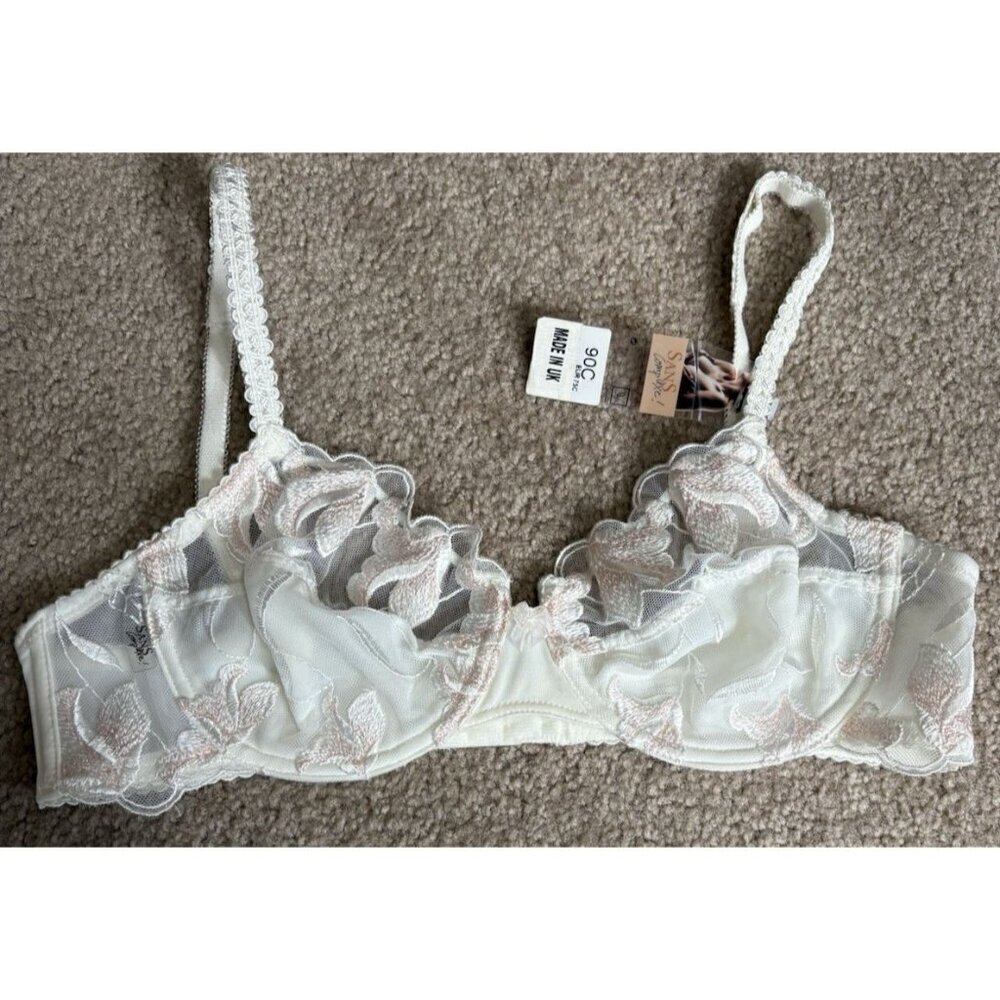 Sans Complexe 34C Bra Underwire Embroidered Ivory Floral Pink Accents NWT